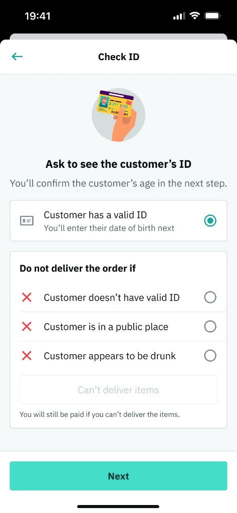 Check ID screen for age-restricted deliveries