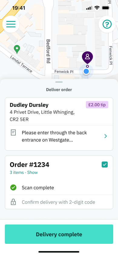 Deliver order screen with customer address and tip