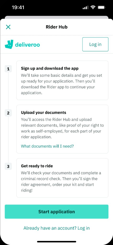 Rider Hub onboarding steps — sign up, upload documents, get ready to ride