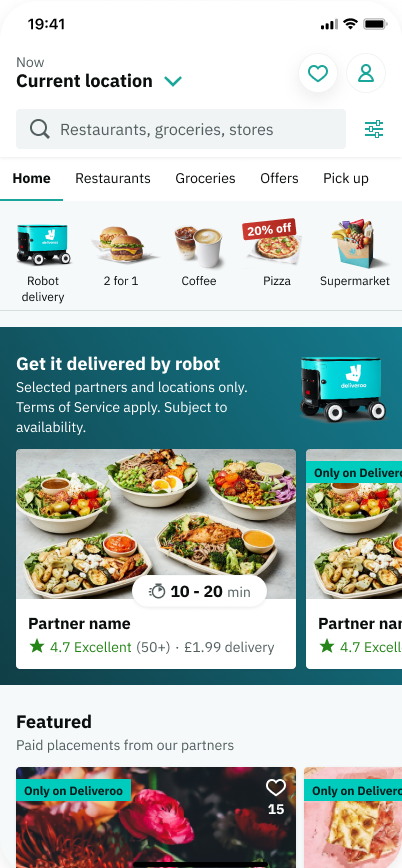 Deliveroo home screen showing robot delivery category