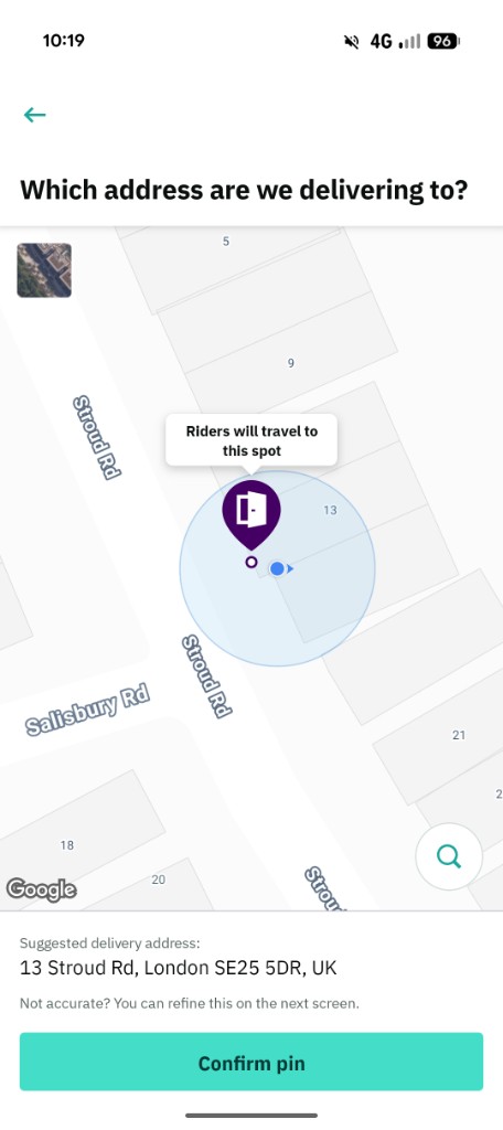 Which address are we delivering to — confirm pin screen