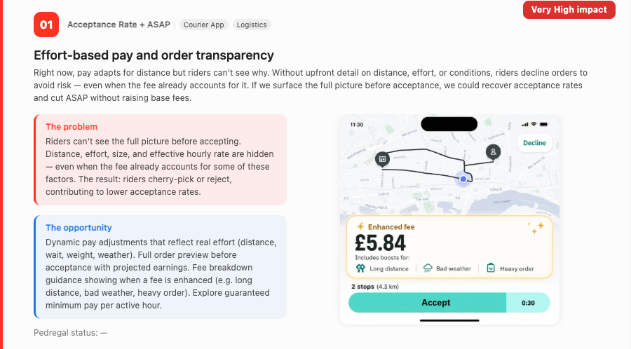 Effort-based pay and order transparency — very high impact opportunity