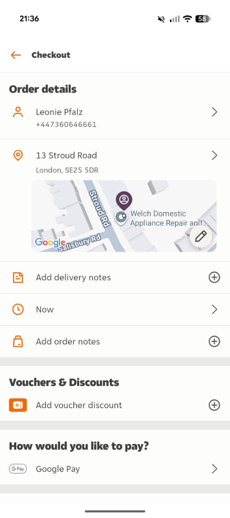 Just Eat checkout — order details
