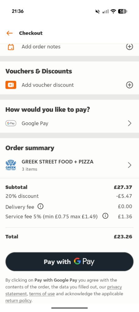 Just Eat checkout — payment and order summary