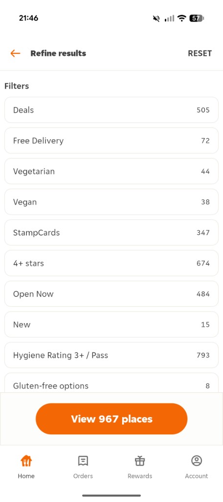 Just Eat refine results filters