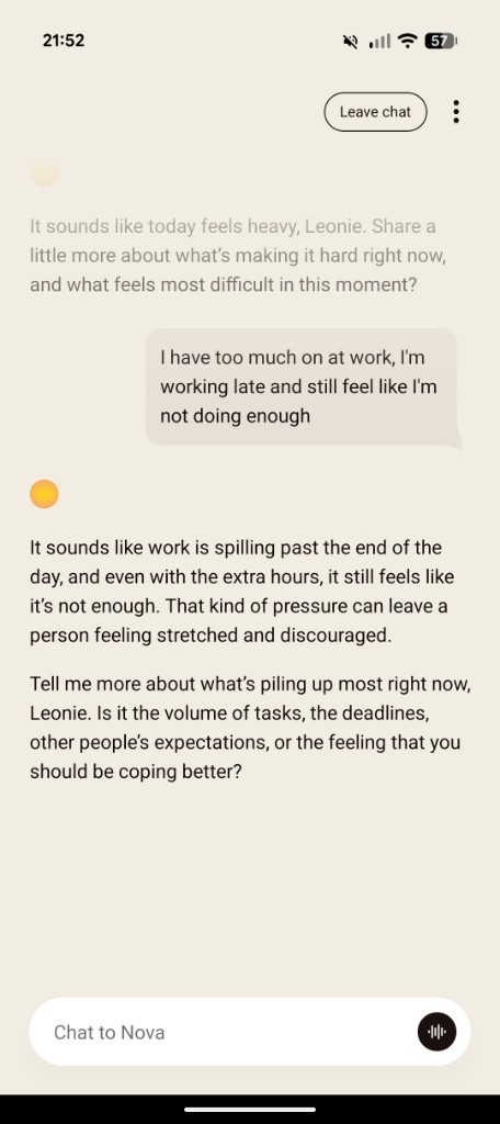 Nova AI wellbeing coach conversation